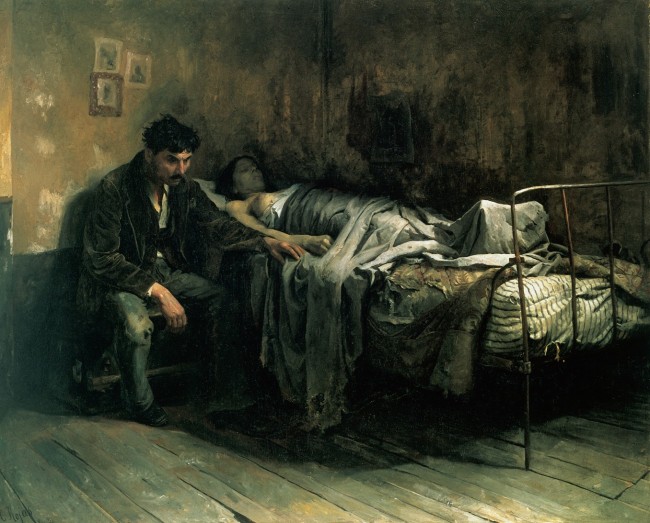 La Miseria by Cristóbal Rojas (1886). The author, suffering from tuberculosis, depicts the social aspect of the disease, and its relation with living conditions
